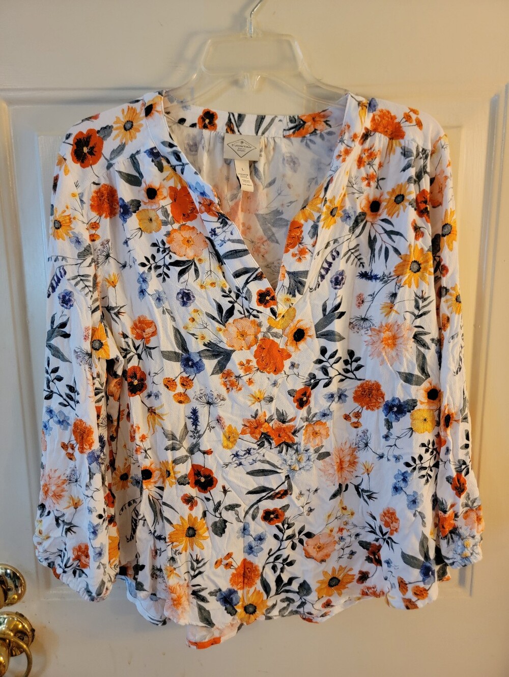 St. John's Bay Woven V-Neck Floral Blouse - White with Orange & Blue Flowers